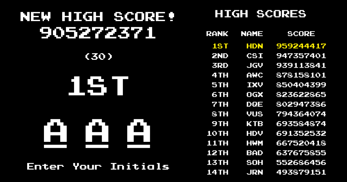 Arcade high score screen