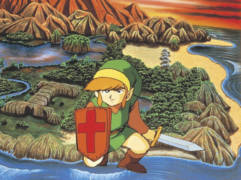 Link with shield and sword in the classic art style of The Legend of Zelda, standing before a landscape with mountains and water