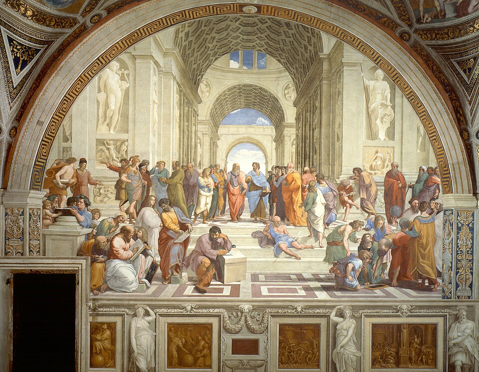 Raphael's The School of Athens fresco showing Plato and Aristotle at the centre of a grand classical hall, surrounded by ancient Greek philosophers and mathematicians.