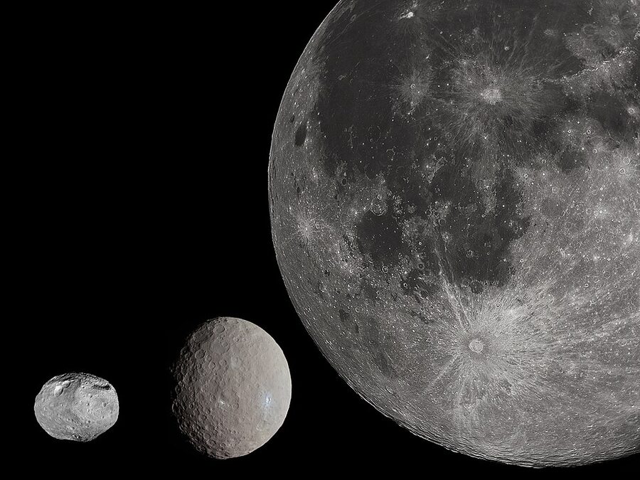 NASA Dawn mission photos of Ceres and Vesta compared in size to Earth's Moon