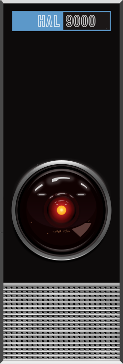 The glowing red eye of HAL 9000 from 2001: A Space Odyssey.