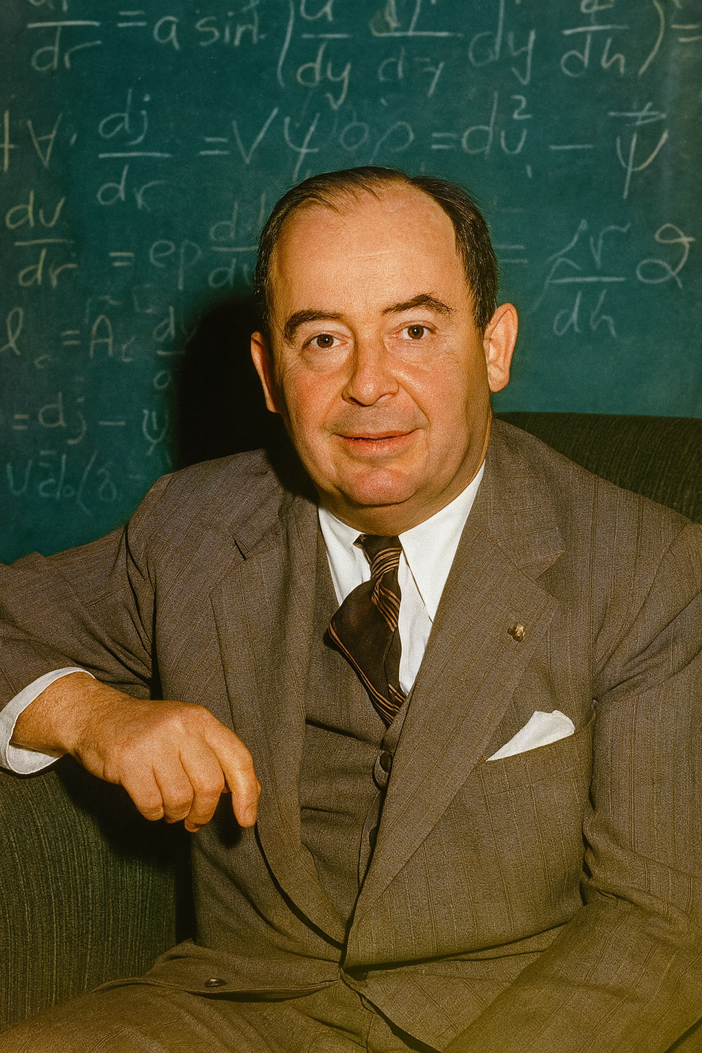 John von Neumann seated in front of a chalkboard covered in equations.