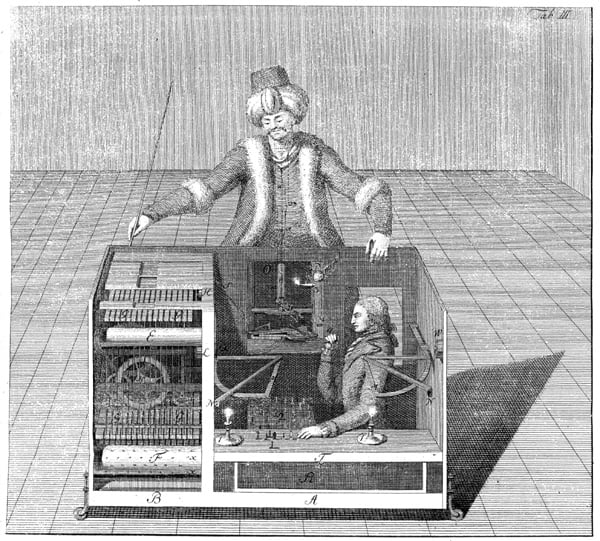 Historical depiction of the Mechanical Turk chess automaton, showing the ornate cabinet and turbaned figure seated before a chessboard.