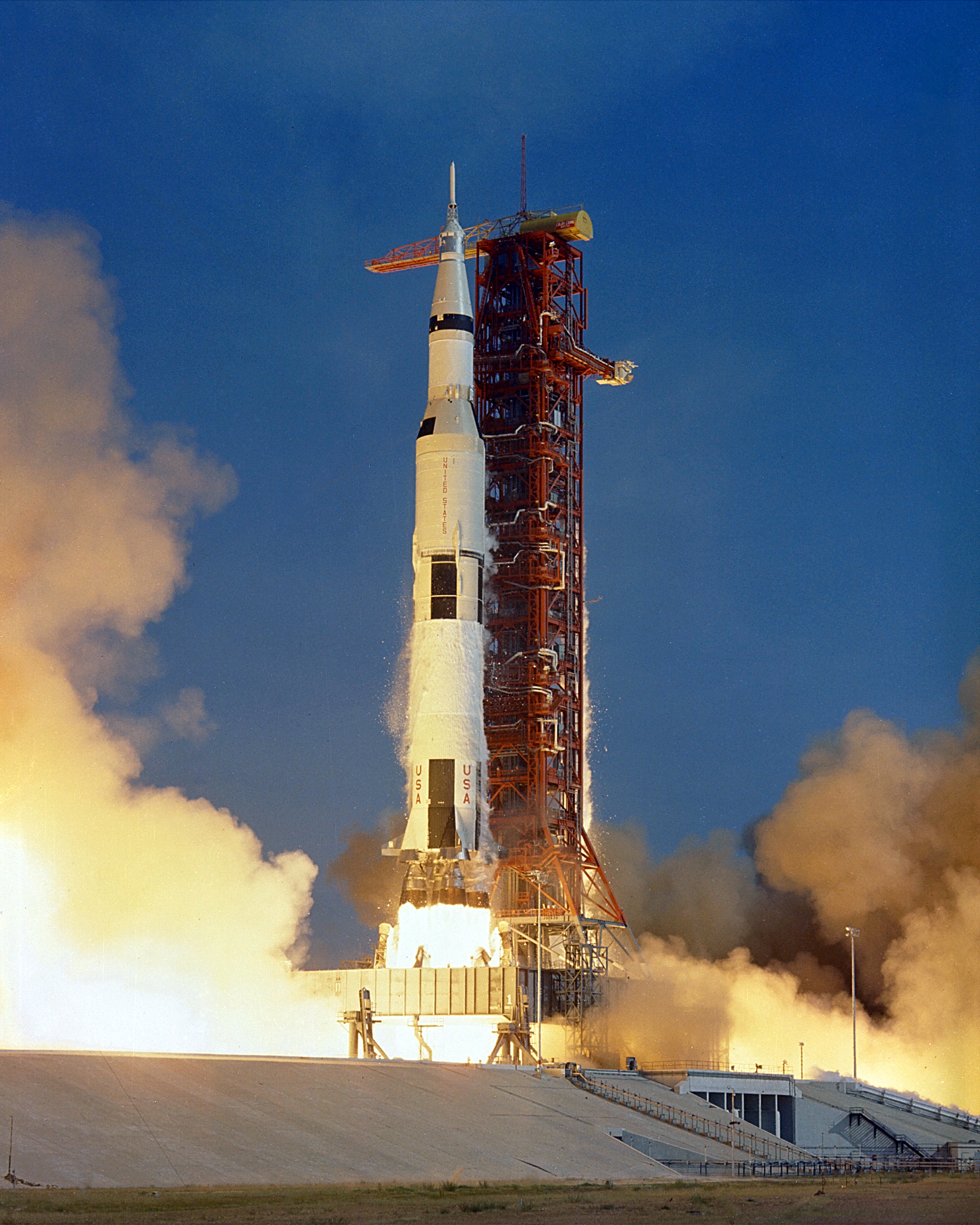 Saturn V rocket standing on the launch pad
