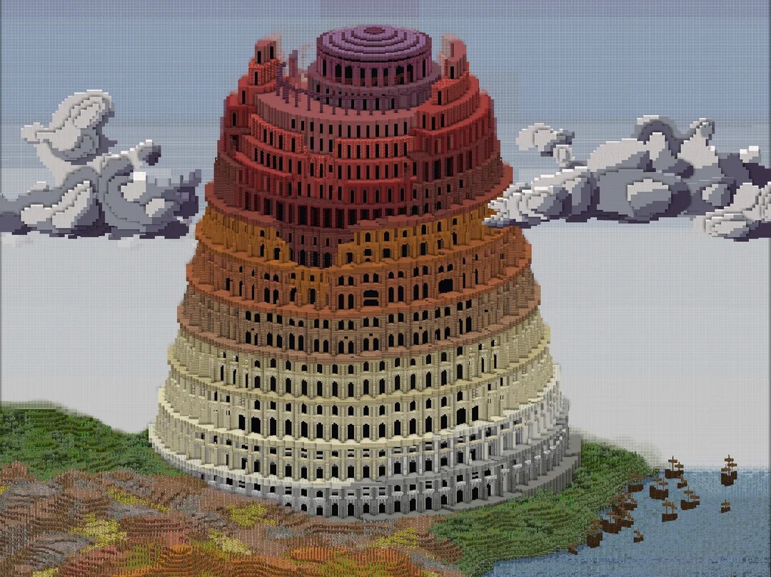 A Minecraft build depicting the Tower of Babel