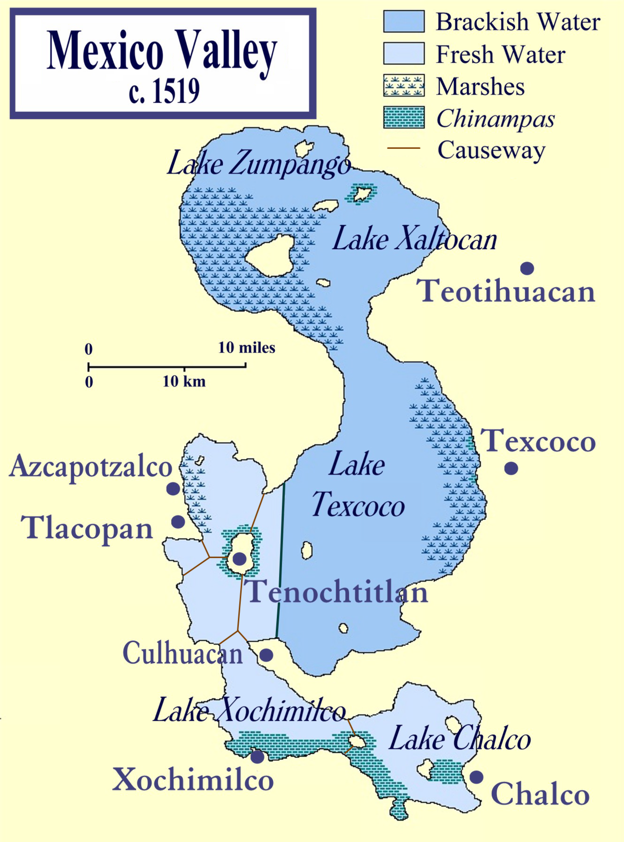 Map image showing the location and shape of Lake Xochimilco.